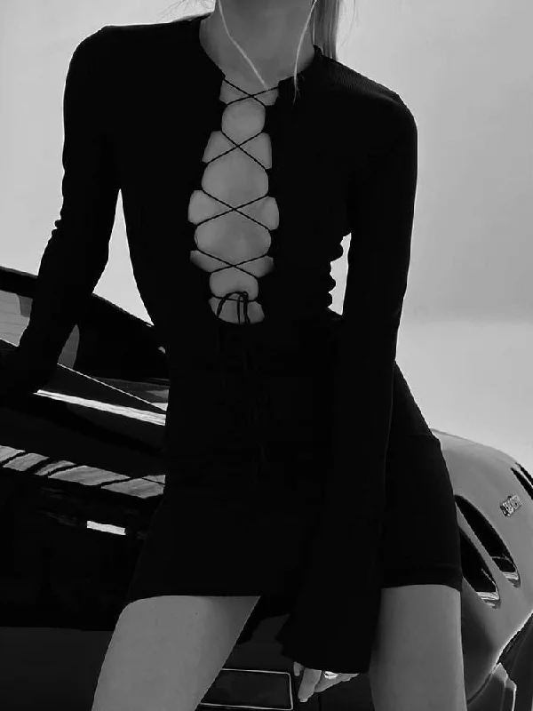 Zjkrl - Autumn Sexy Bandage Black Mini Dress for Women Fashion Outfits Party Club Long Sleeve Bodycon Dresses Vestido Knit Tunics Travel practical