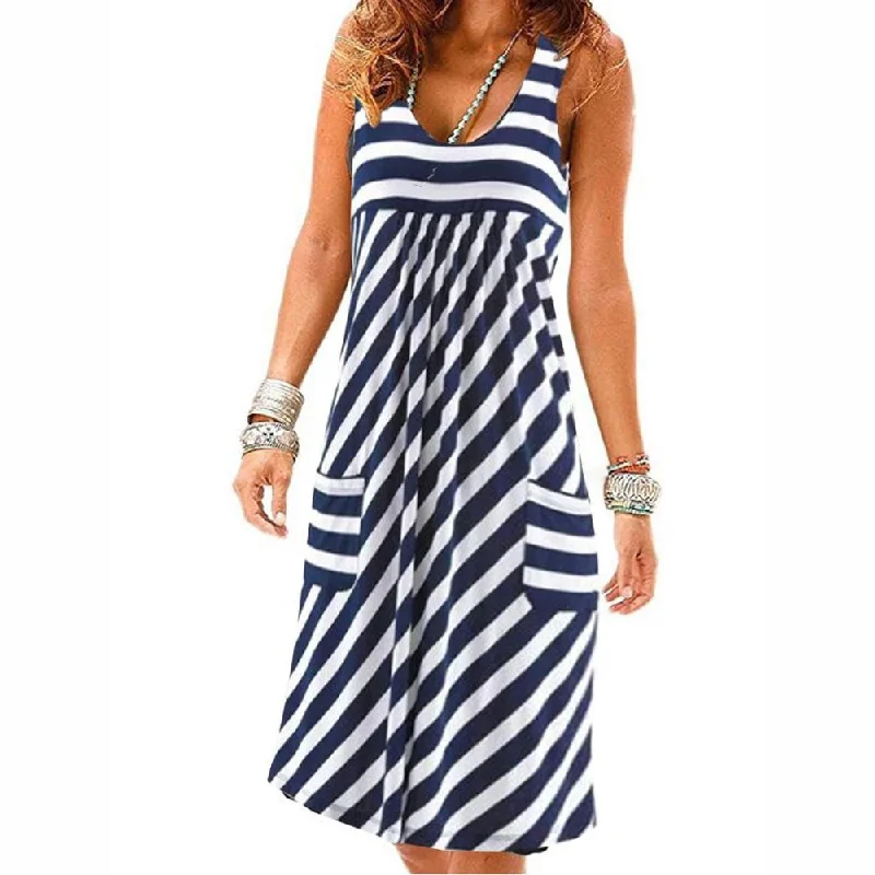 Fashion striped dress large size summer dress  loose simple sleeveless dress women's clothing Tunics Brand named