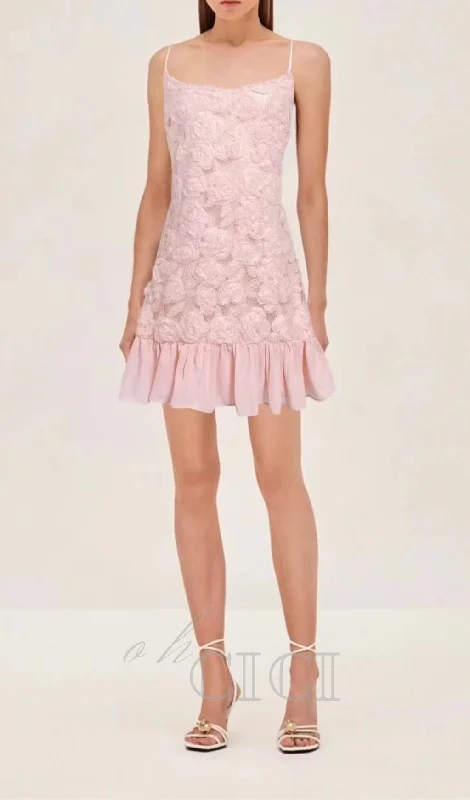 FLORAL APPLIQUÉ PLEATED HEM MINI DRESS IN PINK Tunics Evening elegant