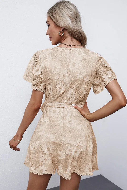 Flutter Sleeve Wrap V Neck Floral Lace Short Dress Square Neckline Feminine