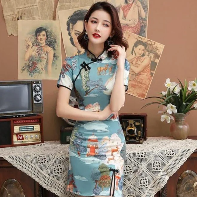 Front Split Landscape Pattern Modern Cheongsam Chinese Dress Tunics Bestseller popular