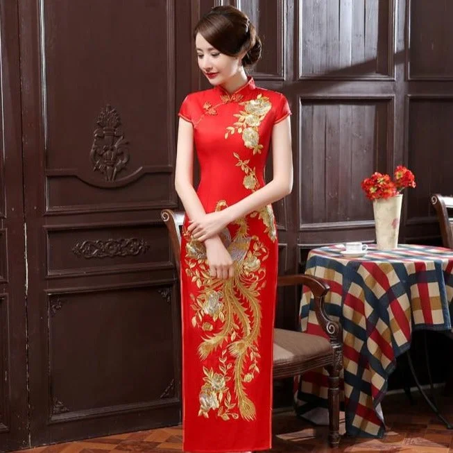 Full Length Cap Sleeve Cheongsam Evening Dress with Phoenix Embroidery Tunics Wedding white