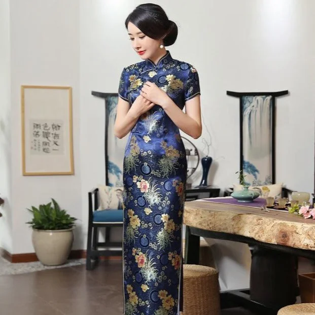 Full Length Floral Brocade Cheongsam Mother Dress Tunics Gym athletic