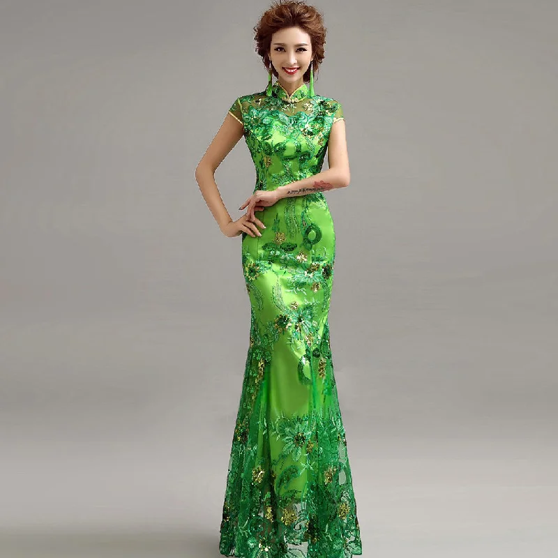 Illusion Neck Cheongsam Top Mermaid Evening Dress with Floral Appliques Casual Short Summer