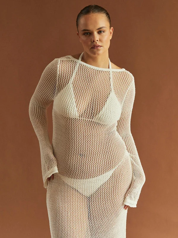 Knitted Backless See-Through Maxi Dress Tunics Polka dots
