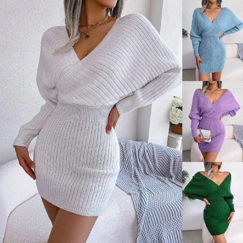 Ladies Batwing Sleeves V-Neck Knit Dress 2078 Tunics Canvas sturdy