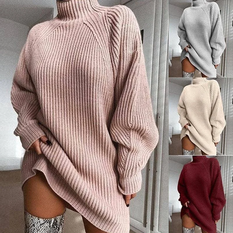 Ladies Solid Long Sleeves Mock Neck Dress YL1307 Tunics Stylish elegant