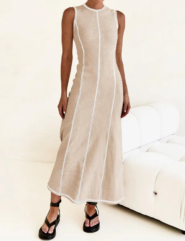Ladies Stitch Ribbed Knit Midi Tank Dress EQWZ Tunics Solid Classic