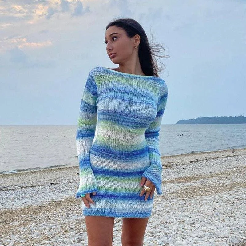 Ladies Striped Backless Long Sleeves Knit Dress 2772# Tunics stripes playful