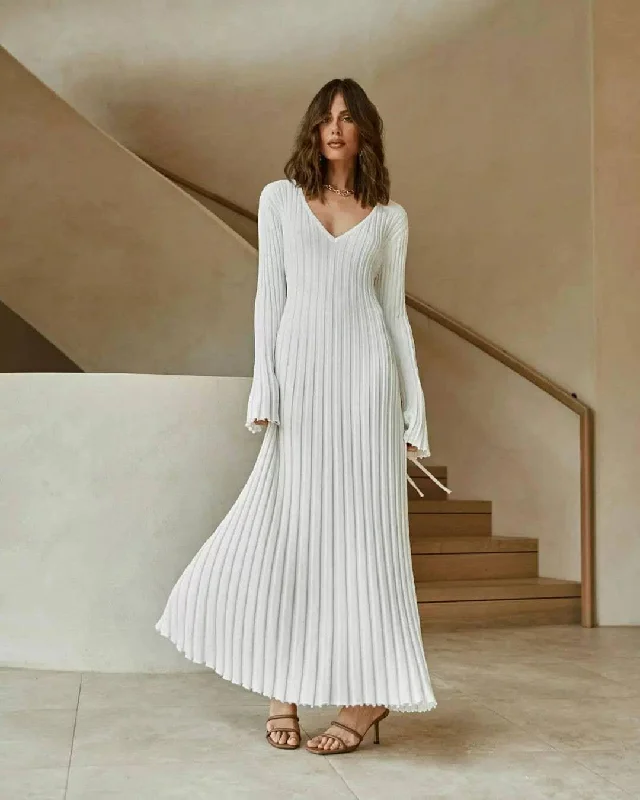 Ladies V-Neck Long Sleeves Large Hem Knit Dress 0728-1# Tunics Versatile all-occasion