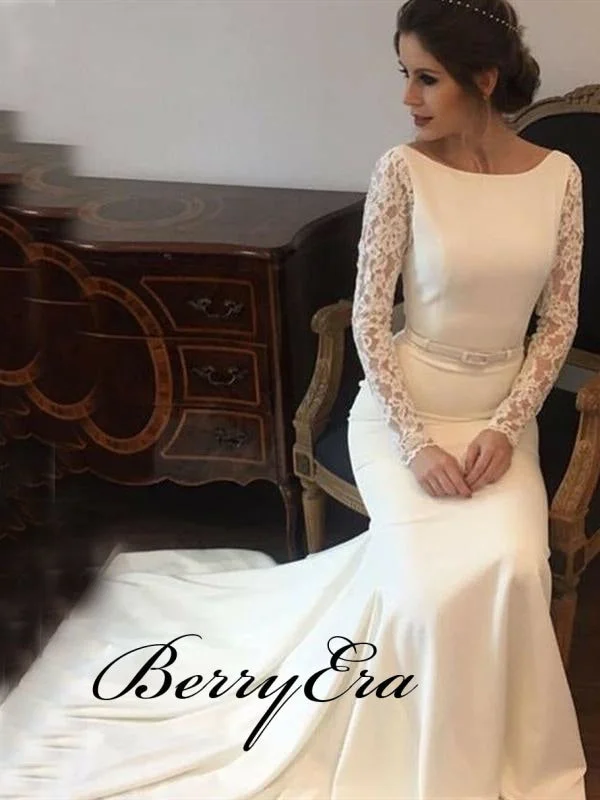 Long Sleeves Lace Ivory Mermaid Long Wedding Dresses, Bridal Gown Tunics Bestseller popular