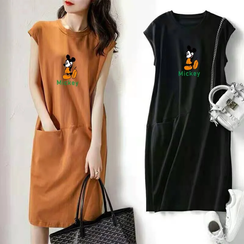 M-3XL Big Size Disney Cartoon Mickey Mouse Dresses for Women with Pocket Sleeveless Midi Casual Dress Women Elegant Y2K Dress Tunics Brand named