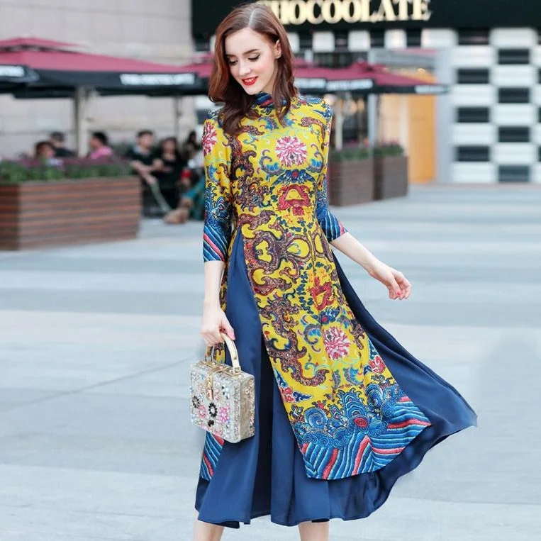 Mandarin Collar 3/4 Sleeve Cheongsam Top Tea Length Ao Dai Dress Tunics Favorite customer