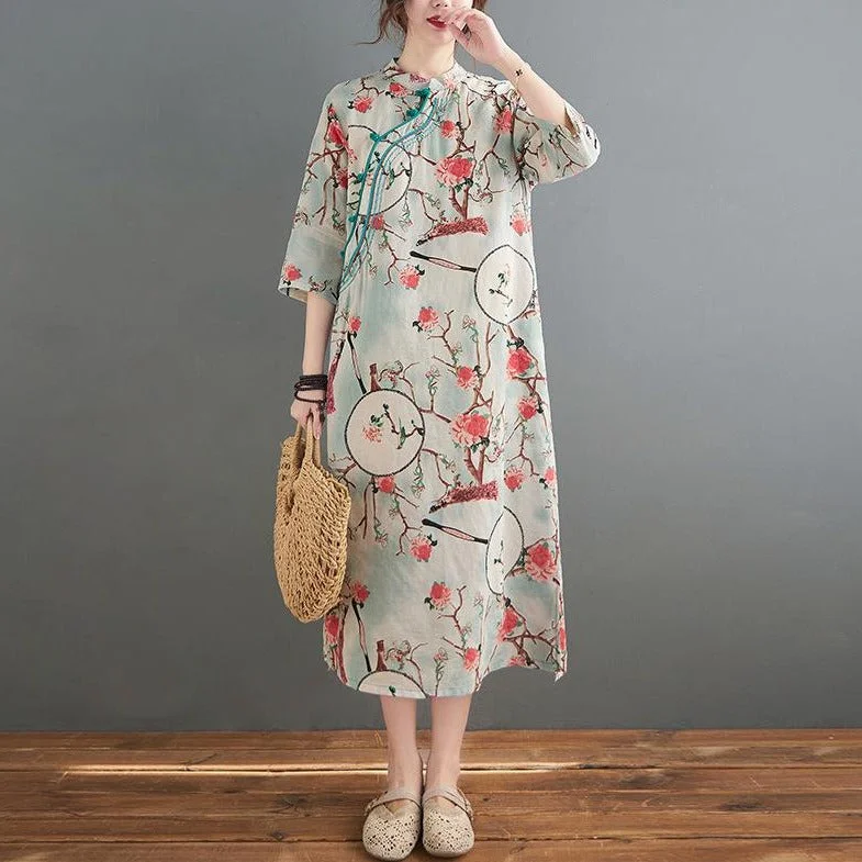 Mandarin Collar Hanfu Floral Causal Dress Traiditonal Chinese Costume Tunics Fashionable trendy