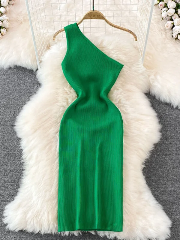 "Modern Slanted Shoulder Bodycon Dress" Tunics Short Trendy
