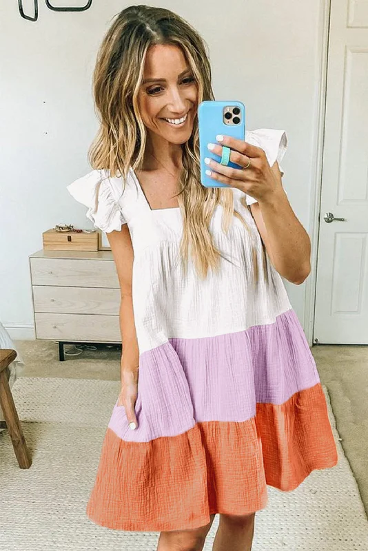 Multicolor Square Neck Triple Color Block Tiered Babydoll Dress Tunics Ceremony elegant