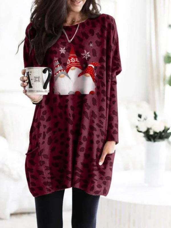Women's Long Sleeve Pocket Leopard Christmas Print Dress Floral Print girly