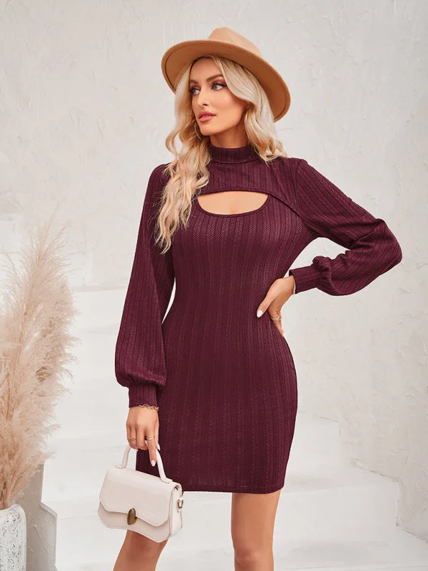 Women's hollow solid color slim long-sleeved hip dress Tunics Sophisticated sleek