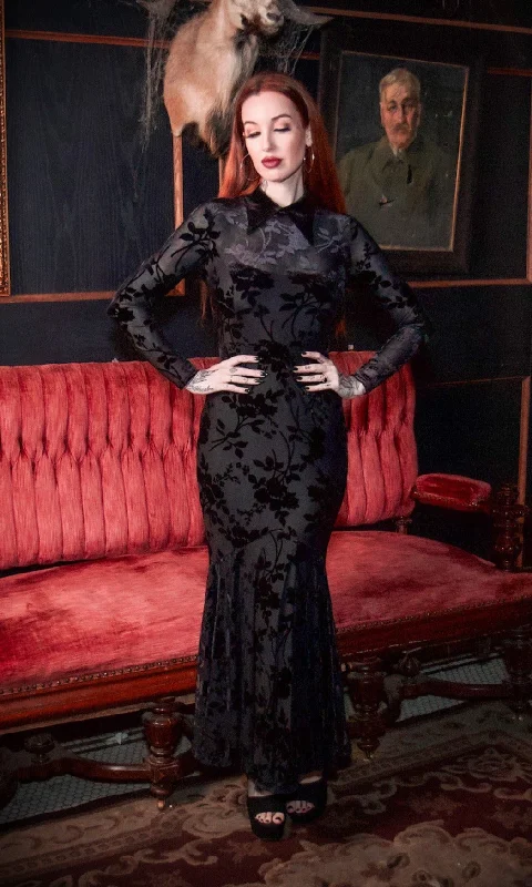 Ophelia - Velvet Flocked Lace Up Maxi Mermaid Dress Tunics Gym athletic