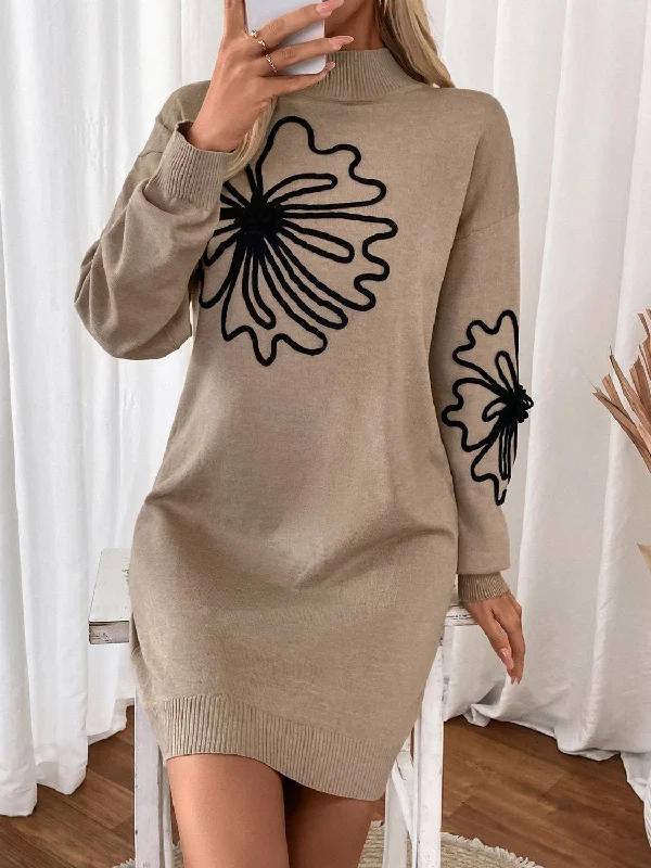 Perfee Flower Neck Long Sleeve Sweater Dress Tunics Sale discount
