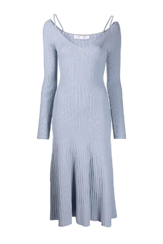 Proenza Schouler White Label Lightweight Rib Knit V-Neck Dress - Stone Blue Tunics Corduroy durable