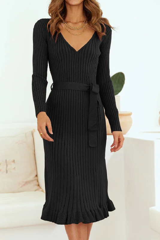 Ribbed V-Neck Tie Waist Pencil Dress Tunics Review highly