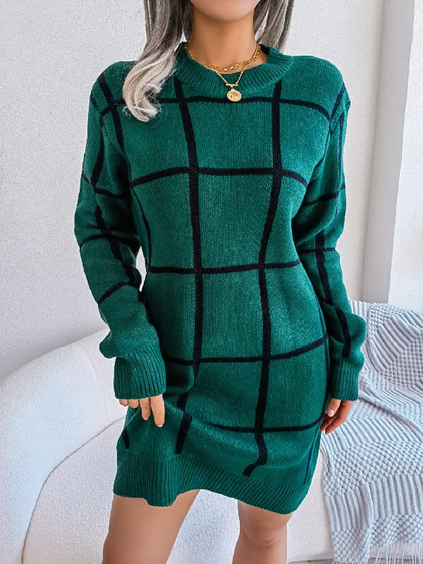 Round Neck Plaid Sweater Dress Tunics Practical easy-care