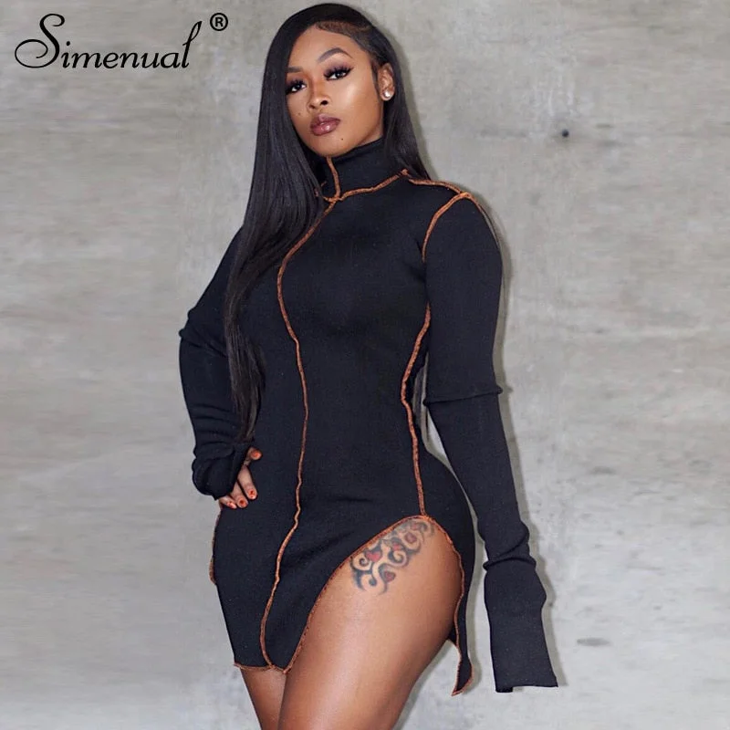 Simenual Side Slit Patchwork Women Casual Dresses Long Sleeve Athleisure Fashion 2020 Bodycon Mini Dress Slim Sporty Clothing Tunics Stylish modern