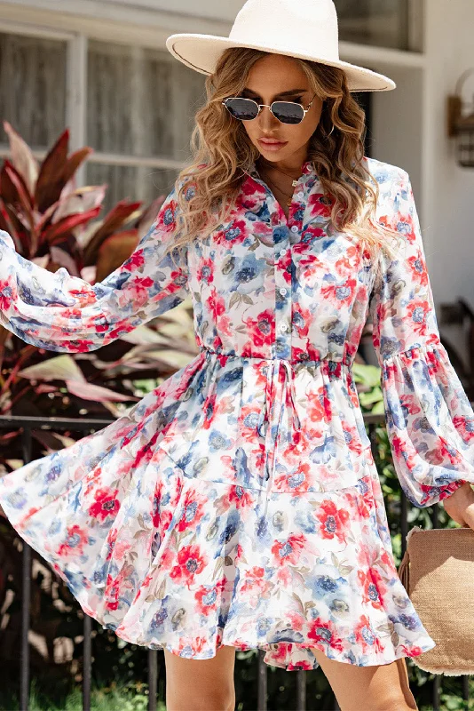 Sky Blue Vintage Floral Print Drawstring Flowy Dress Tunics Denim casual