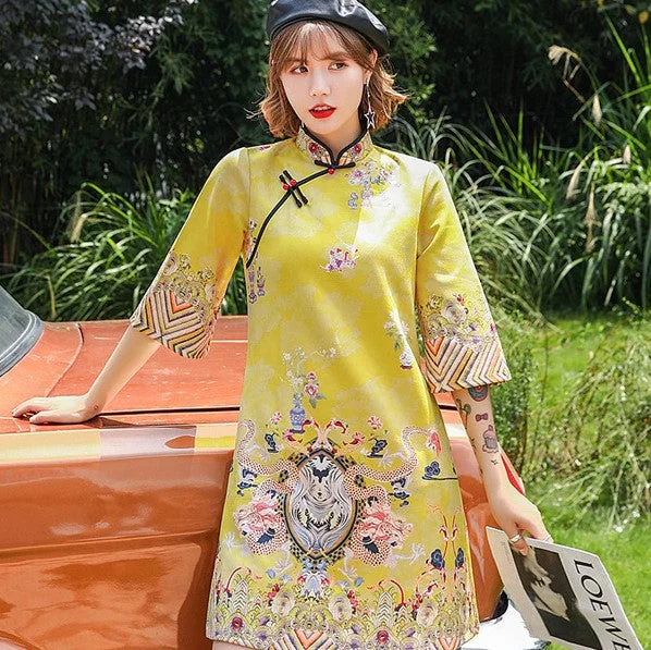 Trumpet Sleeve Floral Suede Modern Cheongsam Mini Chinese Dress Tunics Vintage classic