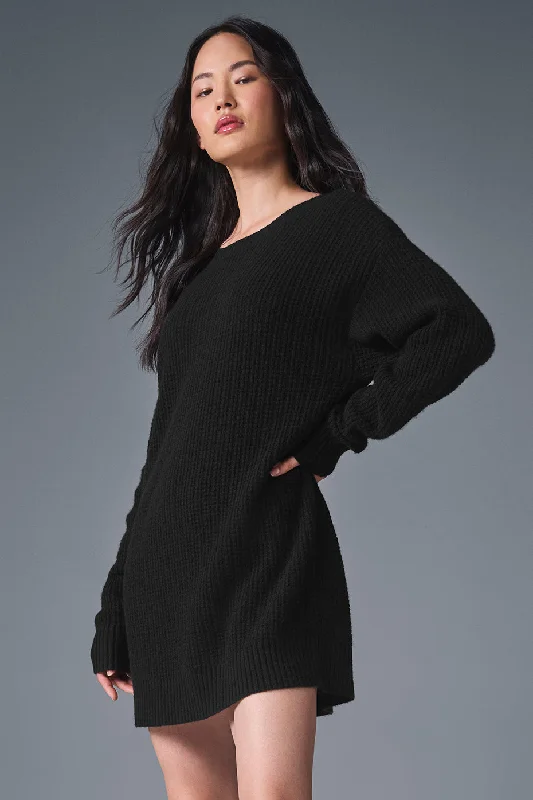 Cashmere Plush Waffle Dress - Black Tunics Office stylish