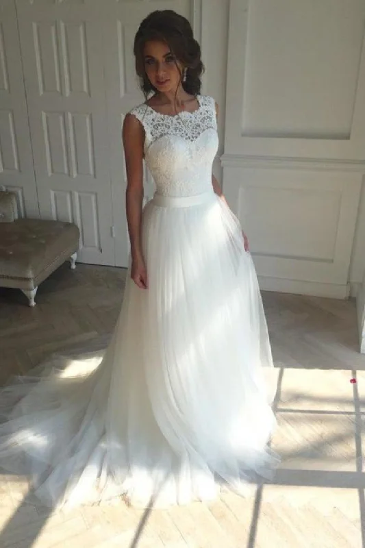 White Open Back Lace Up Modest Lace Tulle Wedding Dresses Bridal Gowns Tunics Satin smooth
