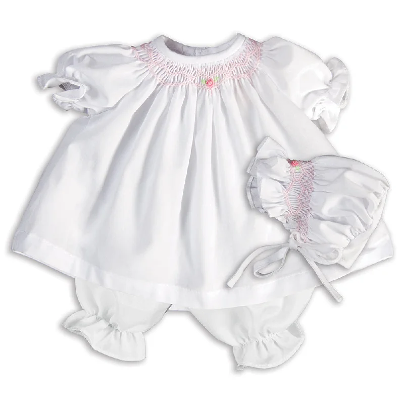 White with Pink Roselle Smocked Doll Dress w/opt. Bonnet Tunics Denim casual