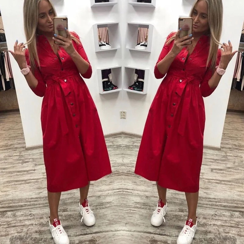 Women Autumn Casual Sashes Button A-Line Dress Office Lady Seven Sleeve Elegant Party Dress Vintage Women Mid Length Dress YL21 Tunics Party sparkling