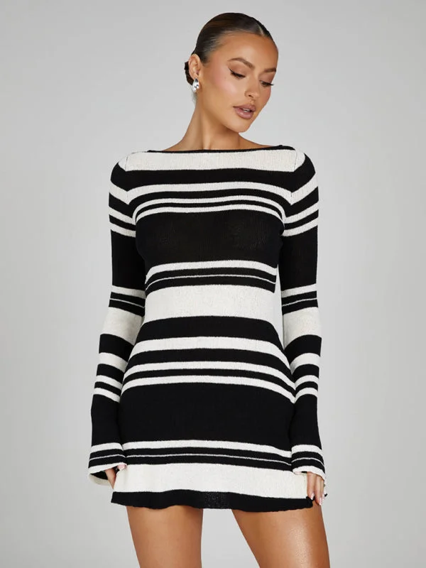 Women's bell sleeves backless striped slim knitted dress Tunics Practical durable
