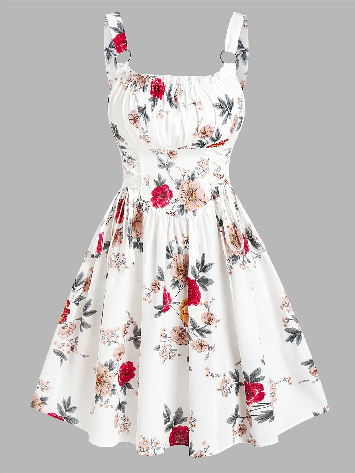 Zjkrl  -  Ruched Bust Side Lace Up Flower Dress Casual Floral Dresses Flare Dress Square Neck Dress Mini Women Dress Tunic Top Casual