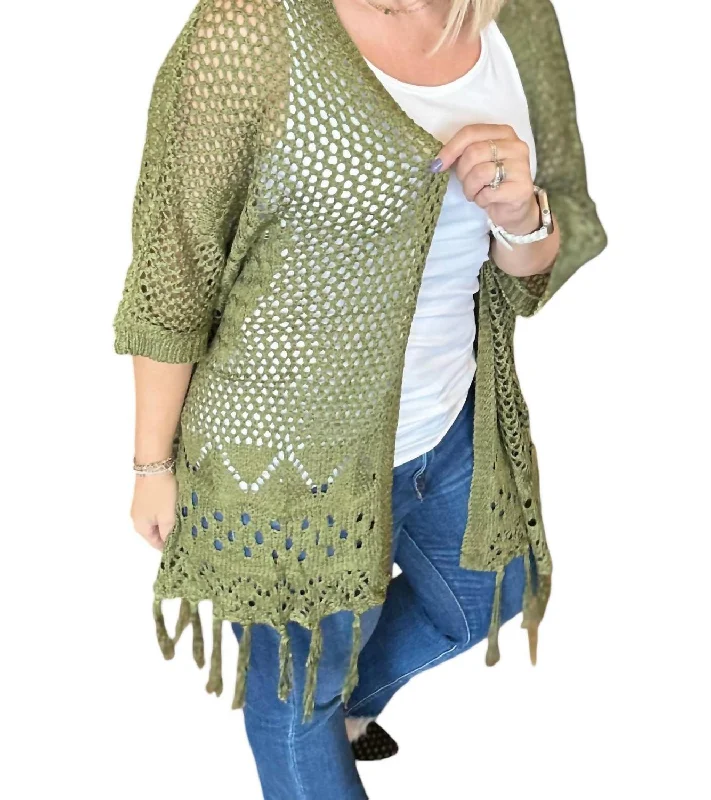 Amanda Crocheted Cardigan In Olive Beaded Cardigan Sequined Faux Fur