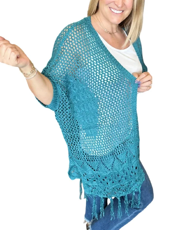Amanda Crocheted Cardigan In Teal Terry Terry Cloth Terry Knit