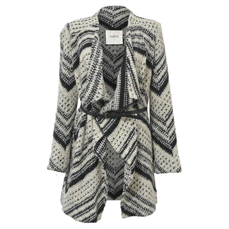 Ba&Sh Ilda Open Knit Belted Cardigan in Black and White Polyester Beaded Cardigan Sequined Faux Fur Ba&Sh Ilda Open Knit Belted Cardigan in Black and White Polyester Beaded Cardigan Sequined Faux Fur