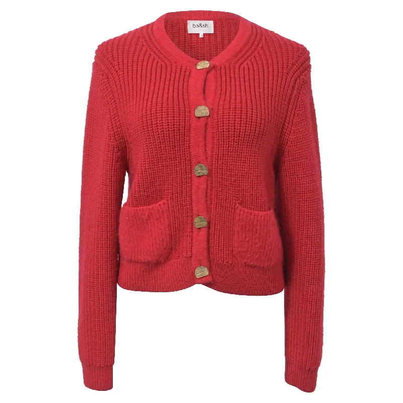 Ba&Sh Knitted Purrl Button-Front Cardigan in Red Wool Real Fur Shearling Chenille