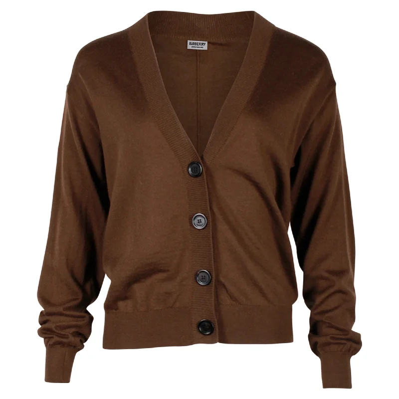 Burberry Elbow Patch Cardigan in Brown Merino Wool Slim Fit Regular Fit Oversized