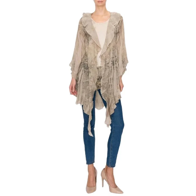 Chelsea Ruffled Cardigan In Taupe Plaid Cardigan Polka Dot Checkered