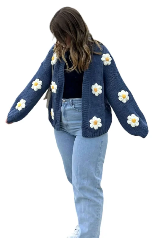 Daisy Cardigan In Navy Striped Floral Plaid