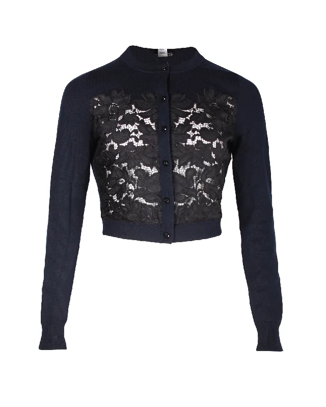 Diane Von Furstenberg Lace Pattern Crew Neck Cardigan in Navy Blue Wool Toggled Drawstring Belted Diane Von Furstenberg Lace Pattern Crew Neck Cardigan in Navy Blue Wool Toggled Drawstring Belted