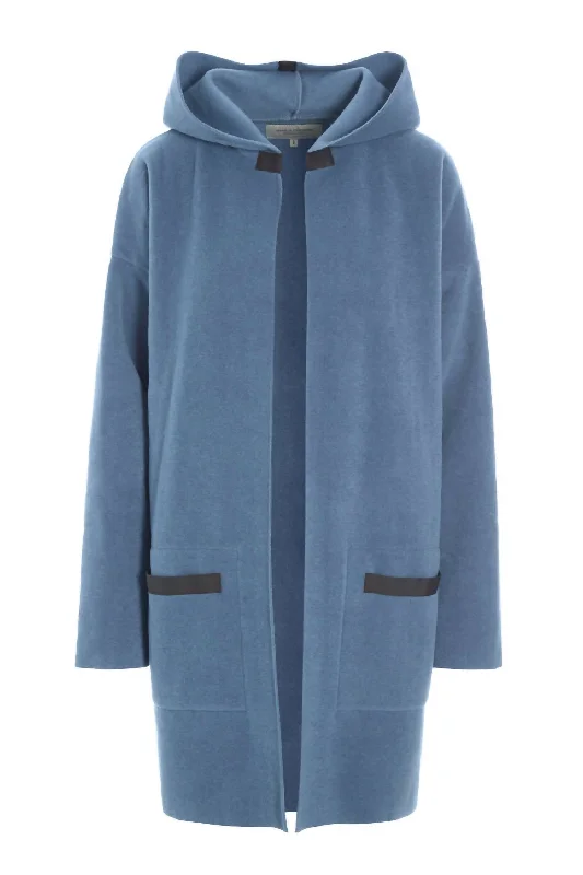 Fleece Long Cardigan W/ Hood In Dusty Blue Polka Dot Checkered Tartan