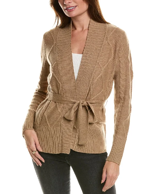 Forte Cashmere Belted Cable Wool & Cashmere-Blend Cardigan Sequined Glittery Shiny