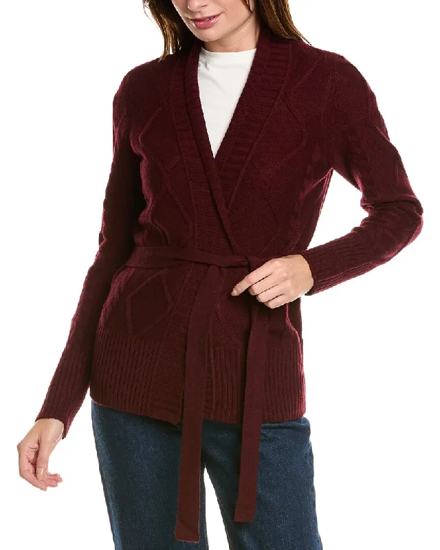 Forte Cashmere Belted Cable Wool & Cashmere-Blend Cardigan Solid Print Embellished