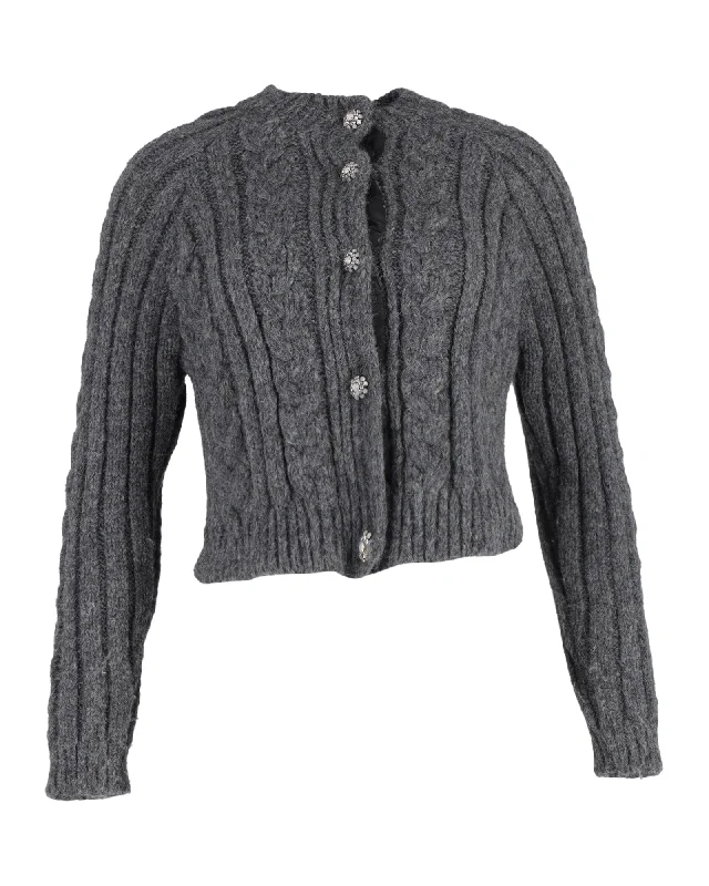 Ganni Cable-Knit Crystal-Buttoned Cardigan in Grey Alpaca Blend Jersey Fabric Tulle Fabric Batik Fabric Ganni Cable-Knit Crystal-Buttoned Cardigan in Grey Alpaca Blend Jersey Fabric Tulle Fabric Batik Fabric