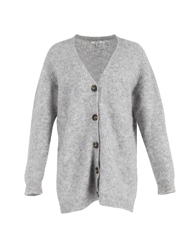 Ganni Long Sleeve Cardigan in Grey Mohair Welt Pockets Slit Pockets Flap Pockets