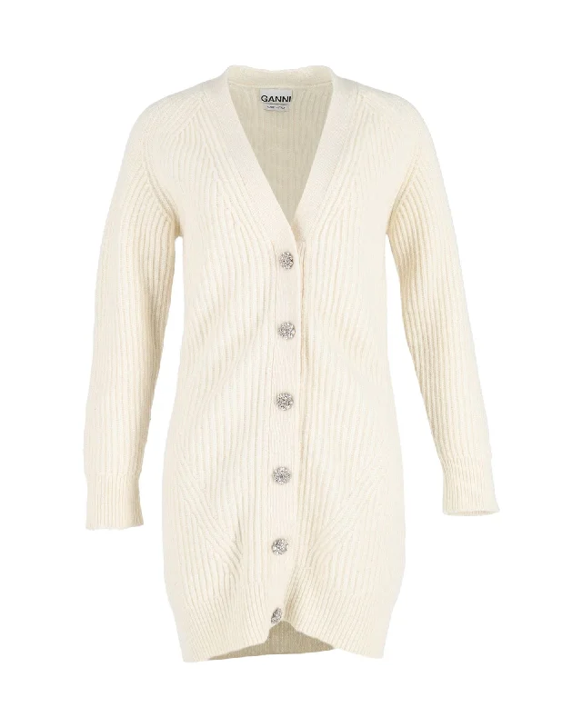 Ganni Rib-Knit Long Cardigan in Cream Wool Hooded Caped Shawl Collar